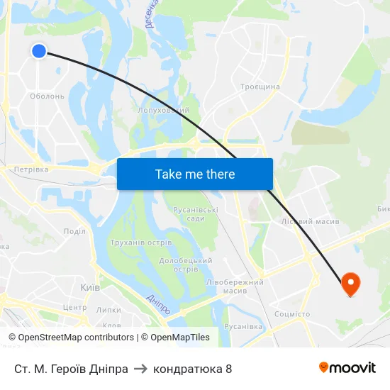 Ст. М. Героїв Дніпра to кондратюка 8 map