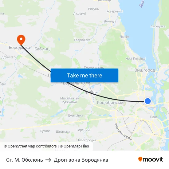 Ст. М. Оболонь to Дроп-зона Бородянка map
