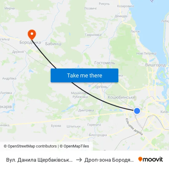 Вул. Данила Щербаківського to Дроп-зона Бородянка map
