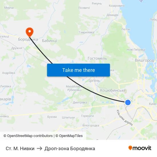 Ст. М. Нивки to Дроп-зона Бородянка map