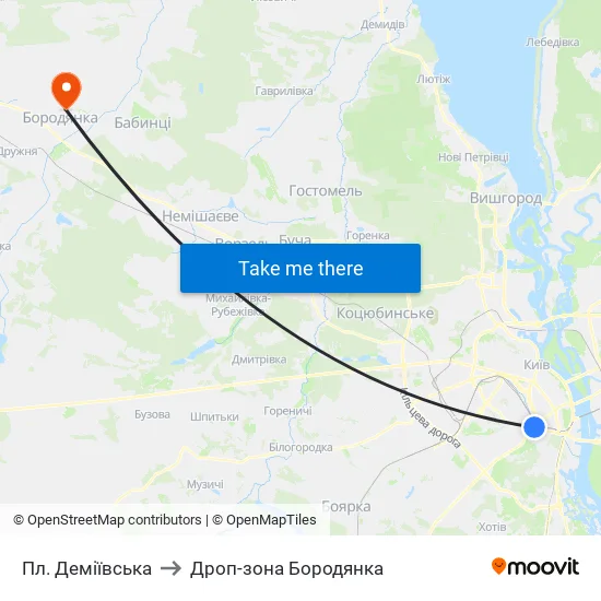 Пл. Деміївська to Дроп-зона Бородянка map