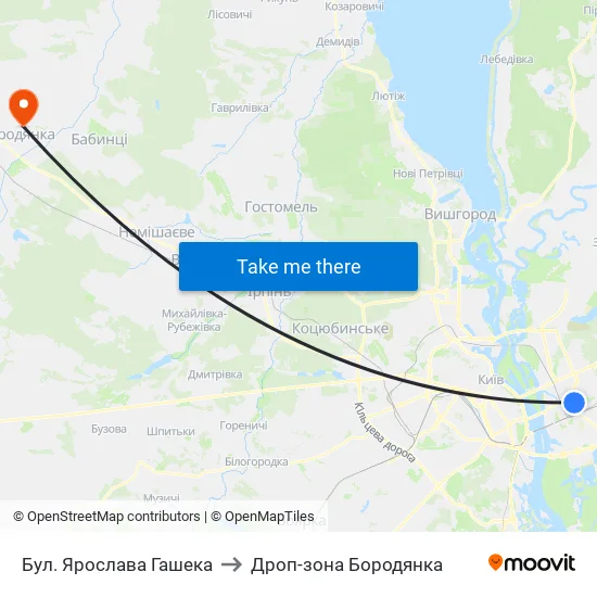 Бул. Ярослава Гашека to Дроп-зона Бородянка map