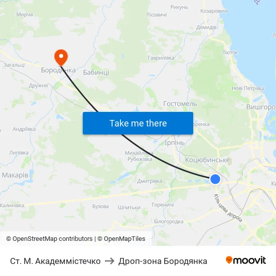Ст. М. Академмістечко to Дроп-зона Бородянка map