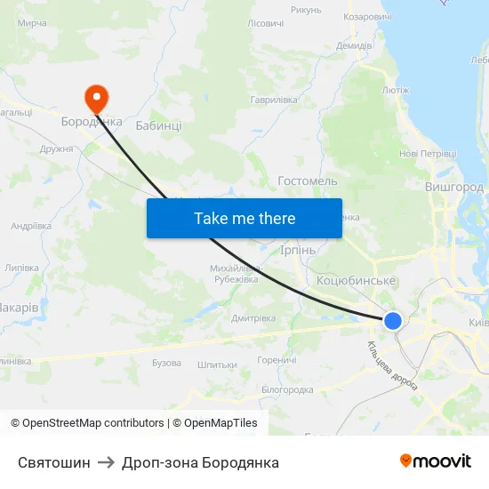 Святошин to Дроп-зона Бородянка map
