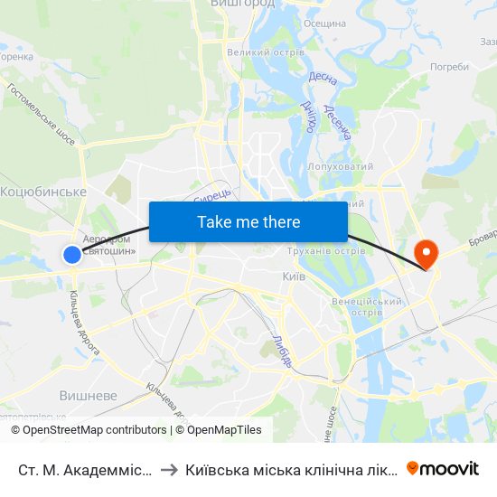 Ст. М. Академмістечко to Київська міська клінічна лікарня #2 map