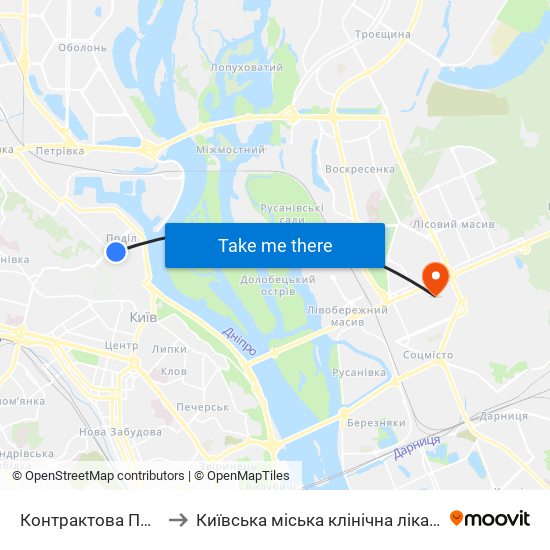 Контрактова Площа to Київська міська клінічна лікарня #2 map