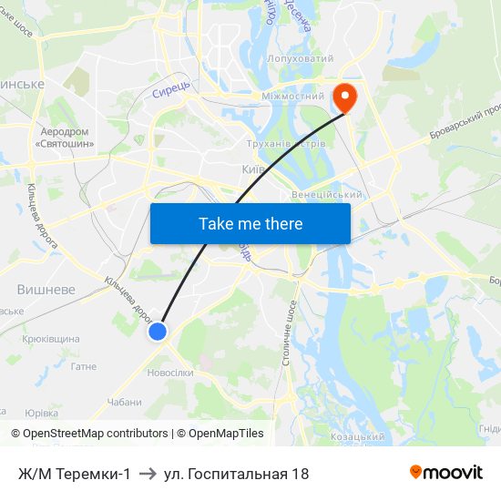 Ж/М Теремки-1 to ул. Госпитальная 18 map
