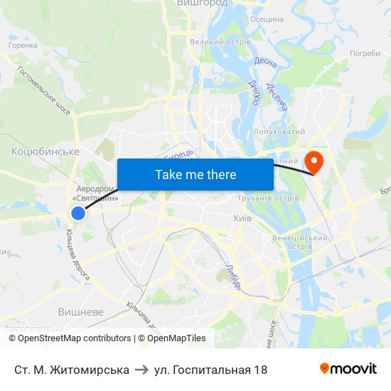 Ст. М. Житомирська to ул. Госпитальная 18 map