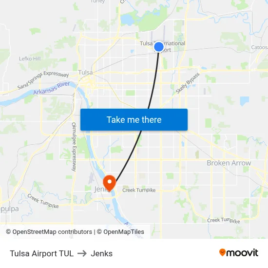 Tulsa Airport TUL to Jenks map