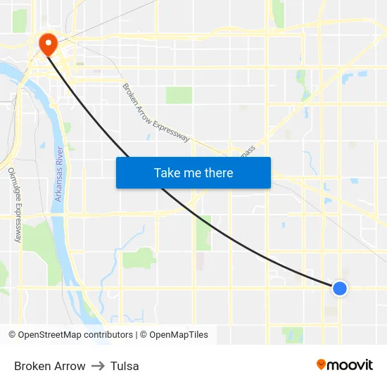 Broken Arrow to Tulsa map