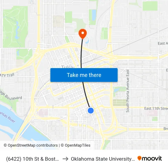 (6422) 10th St & Boston Ave to Oklahoma State University - Tulsa map