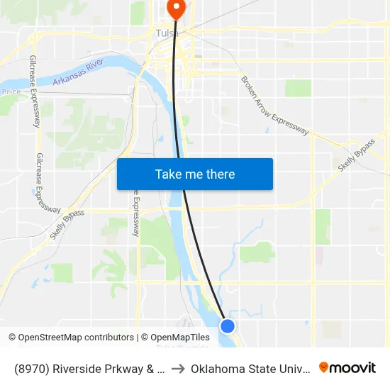 (8970) Riverside Prkway & N Casino Drive to Oklahoma State University - Tulsa map