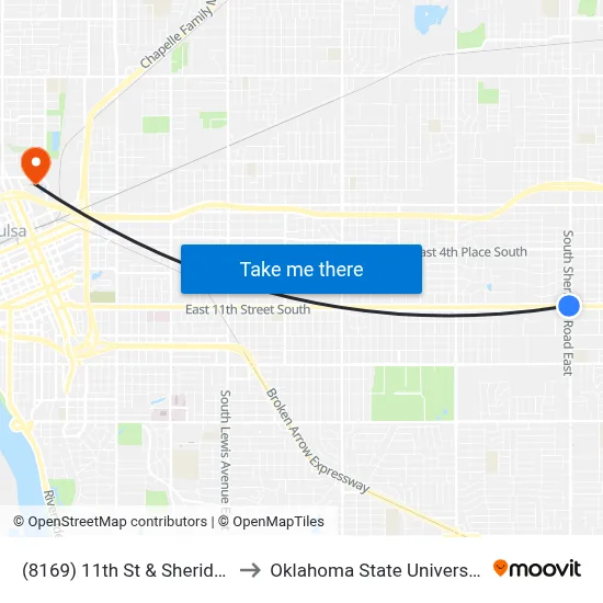(8169) 11th St & Sheridan Rd Wb to Oklahoma State University - Tulsa map