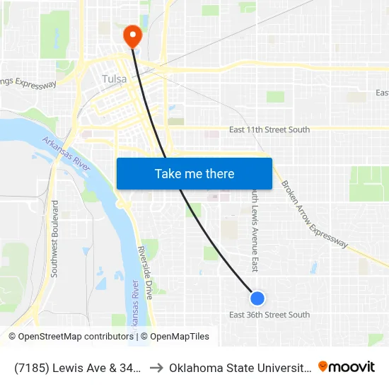 (7185) Lewis Ave & 34th St Nb to Oklahoma State University - Tulsa map