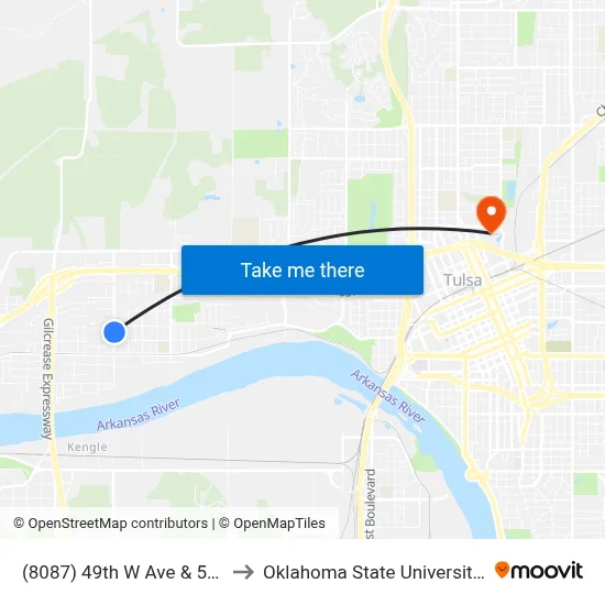 (8087) 49th W Ave & 5th St Nb to Oklahoma State University - Tulsa map