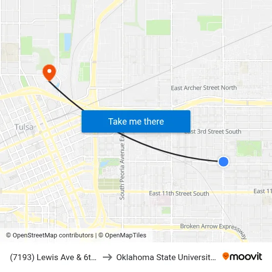 (7193) Lewis Ave & 6th St Nb to Oklahoma State University - Tulsa map