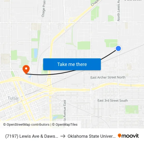(7197) Lewis Ave & Dawson Road Nb to Oklahoma State University - Tulsa map