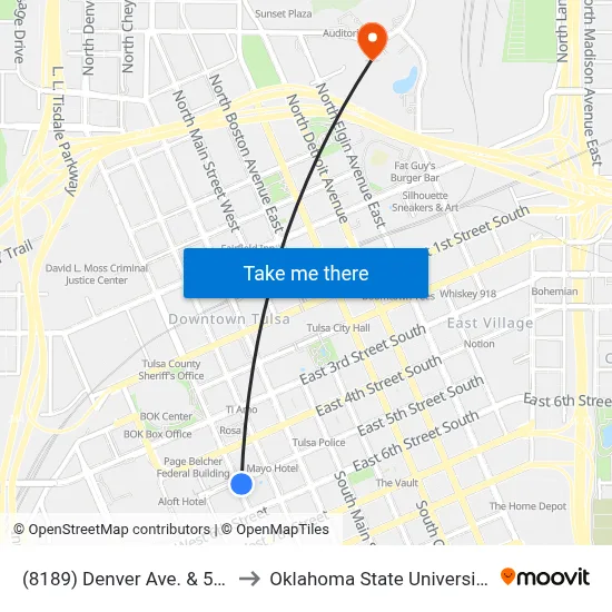 (8189) Denver Ave. & 5th St. Nb to Oklahoma State University - Tulsa map