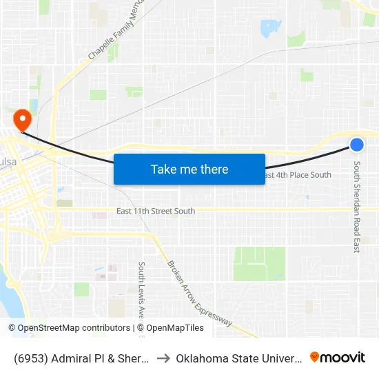 (6953) Admiral Pl & Sheridan Rd Wb to Oklahoma State University - Tulsa map