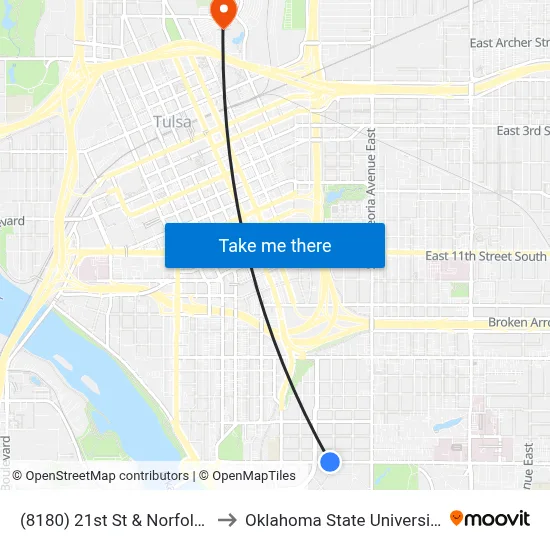 (8180) 21st St & Norfolk Ave Wb to Oklahoma State University - Tulsa map