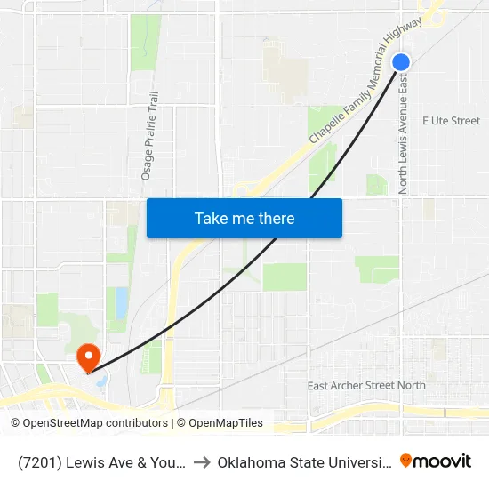 (7201) Lewis Ave & Young St Nb to Oklahoma State University - Tulsa map