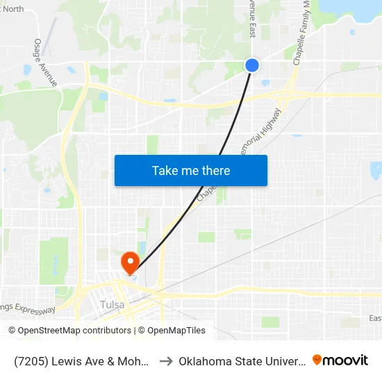 (7205) Lewis Ave & Mohawk Blvd Nb to Oklahoma State University - Tulsa map