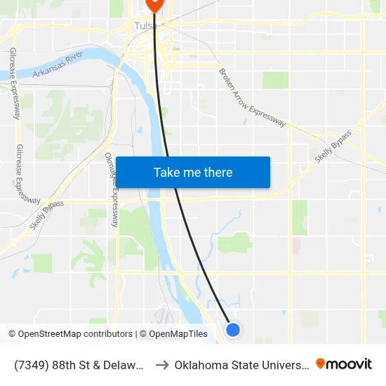 (7349) 88th St &  Delaware Ave Eb to Oklahoma State University - Tulsa map