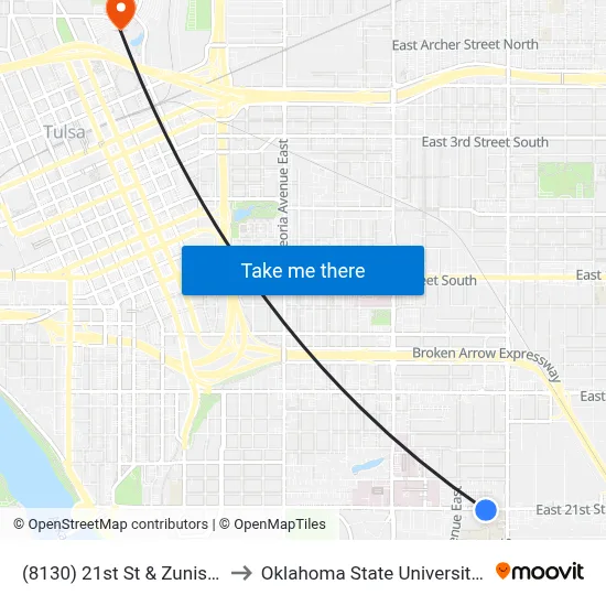 (8130) 21st St & Zunis Ave Eb to Oklahoma State University - Tulsa map