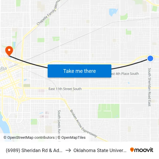 (6989) Sheridan Rd & Admiral Pl Nb to Oklahoma State University - Tulsa map
