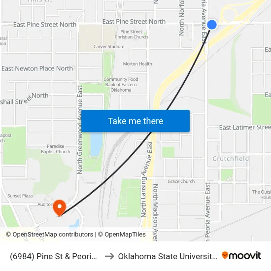 (6984) Pine St & Peoria Ave Eb to Oklahoma State University - Tulsa map