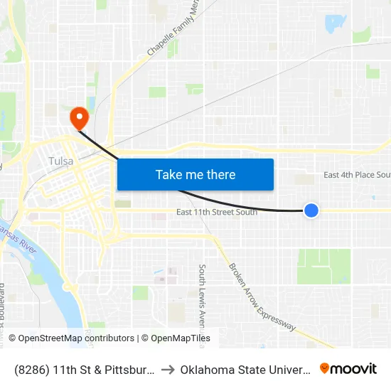 (8286) 11th St & Pittsburgh Ave Wb to Oklahoma State University - Tulsa map
