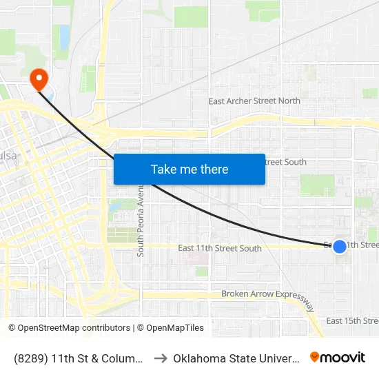 (8289) 11th St & Columbia Ave Wb to Oklahoma State University - Tulsa map
