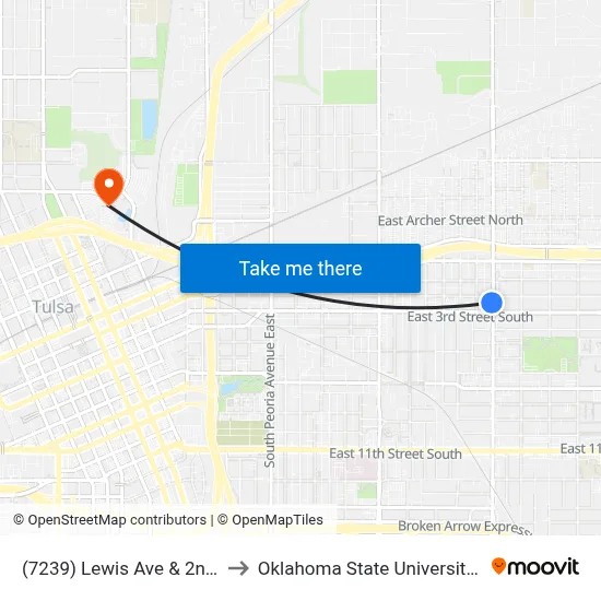 (7239) Lewis Ave & 2nd St Sb to Oklahoma State University - Tulsa map