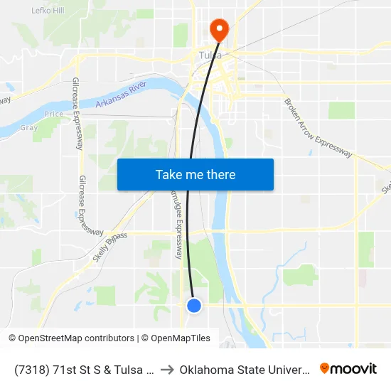 (7318) 71st St S & Tulsa Hills Dr Eb to Oklahoma State University - Tulsa map