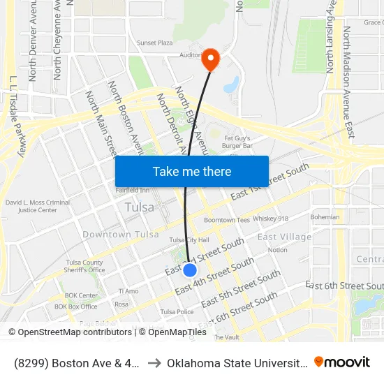 (8299) Boston Ave & 4th St Nb to Oklahoma State University - Tulsa map