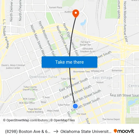 (8298) Boston Ave & 6th St Nb to Oklahoma State University - Tulsa map