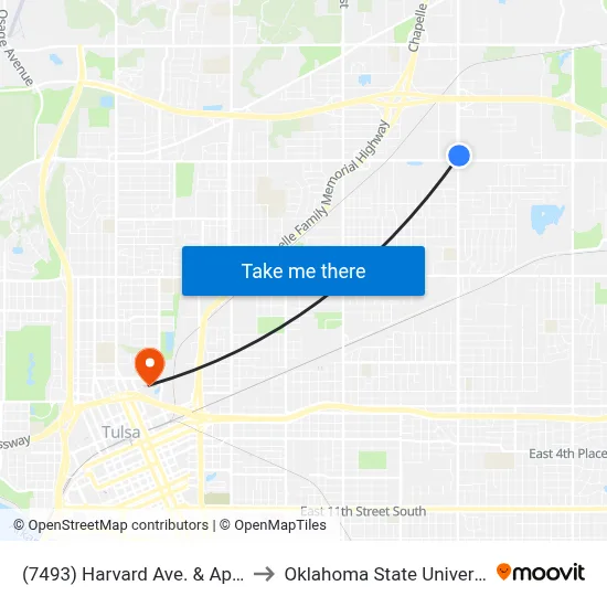 (7493) Harvard Ave. & Apache St. Nb to Oklahoma State University - Tulsa map