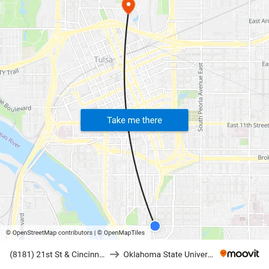 (8181) 21st St & Cincinnati Ave Wb to Oklahoma State University - Tulsa map