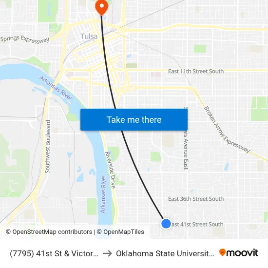 (7795) 41st St & Victor Ave Eb to Oklahoma State University - Tulsa map