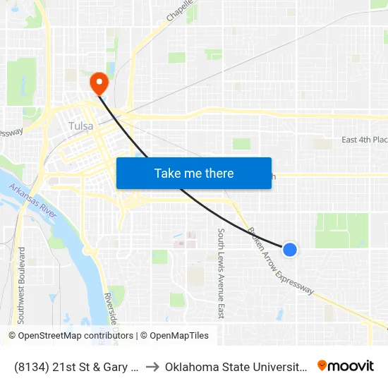 (8134) 21st St & Gary Ave Eb to Oklahoma State University - Tulsa map