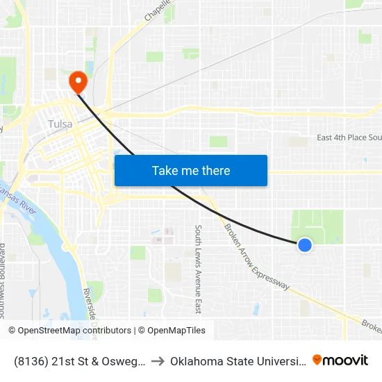 (8136) 21st St & Oswego Ave Eb to Oklahoma State University - Tulsa map