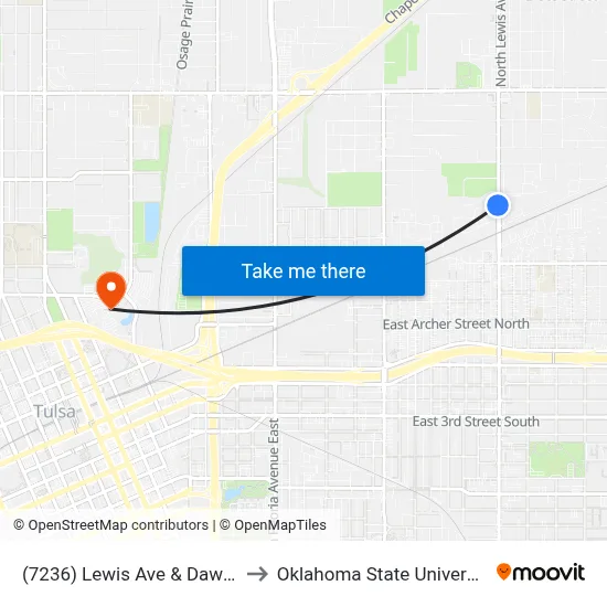 (7236) Lewis Ave & Dawson Rd Sb to Oklahoma State University - Tulsa map