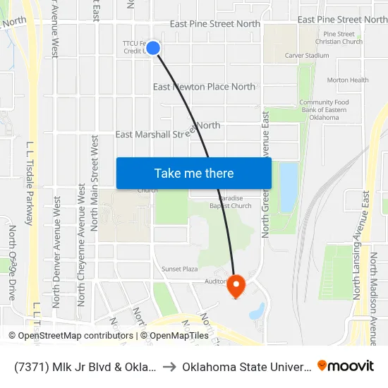 (7371) Mlk Jr Blvd & Oklahoma St Nb to Oklahoma State University - Tulsa map