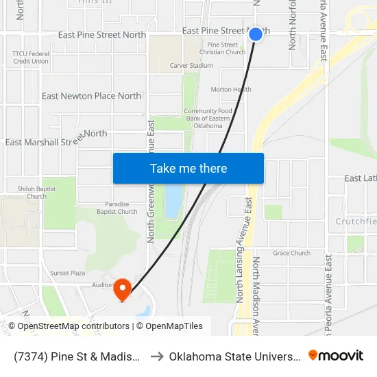 (7374) Pine St & Madison Ave Eb to Oklahoma State University - Tulsa map