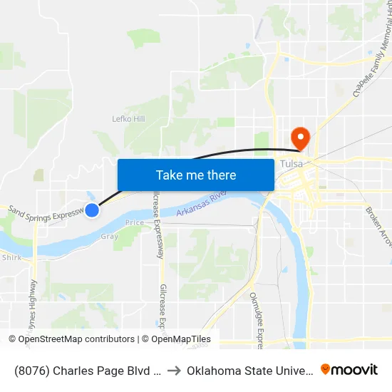 (8076) Charles Page Blvd & Lake Dr Eb to Oklahoma State University - Tulsa map