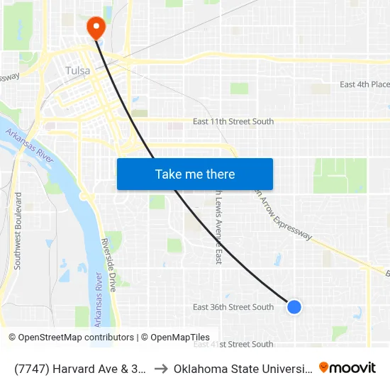 (7747) Harvard Ave & 36th St Sb to Oklahoma State University - Tulsa map