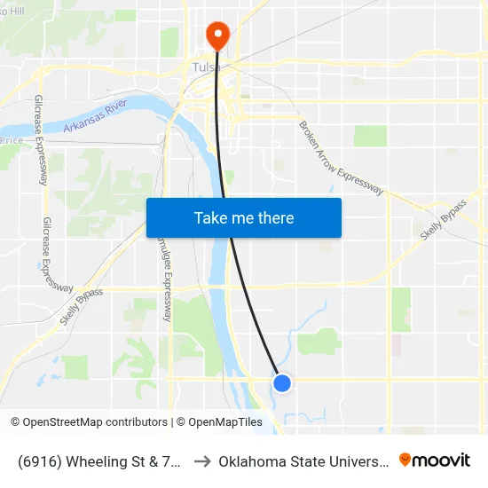 (6916) Wheeling St & 72nd St Nb to Oklahoma State University - Tulsa map