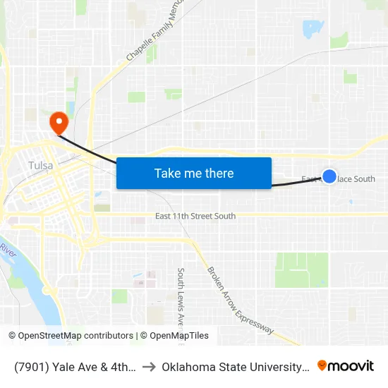 (7901) Yale Ave & 4th Pl Nb to Oklahoma State University - Tulsa map