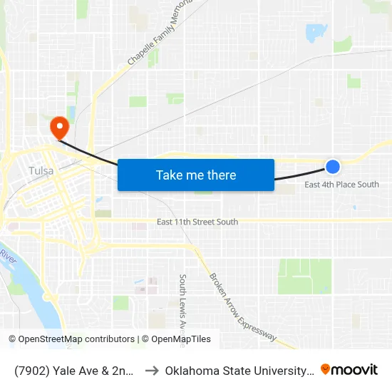 (7902) Yale Ave & 2nd St Nb to Oklahoma State University - Tulsa map