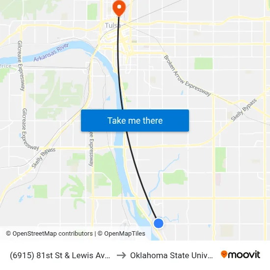 (6915) 81st St & Lewis Ave Walmart Wb to Oklahoma State University - Tulsa map